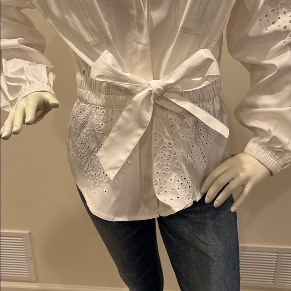 White House Black Market Tie-Waist Embroidered Poplin Shirt Size L - Picture 9 of 13